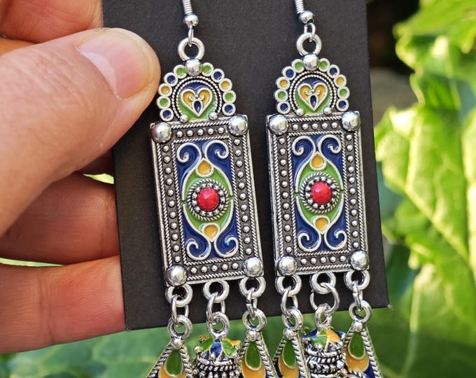 Boucles d'oreilles kabyles métal argenté émaillé – amazigh, berbère -  bohèmes - ethnique- bijoux boho