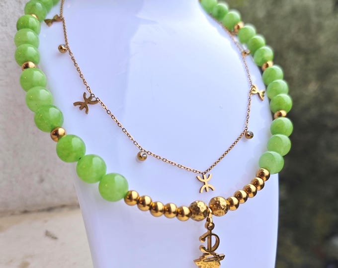 Parure Amazigh Fait Main – Double Collier & Boucles d’Oreilles – Pierres de Jades Naturelles et Acier Inoxydable Plaqué Or 18K