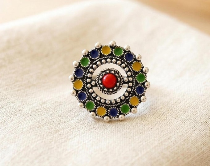 Bague kabyle en métal argenté émaillé- amazigh- berbère - Taille ajustable