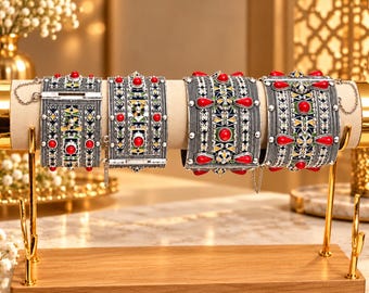 Paire de bracelets Kabyle en Métal Argenté | Bracelet Manchette Bohème Ethnique Rouge, Bleu, Vert | Bijou Traditionnel kabyle