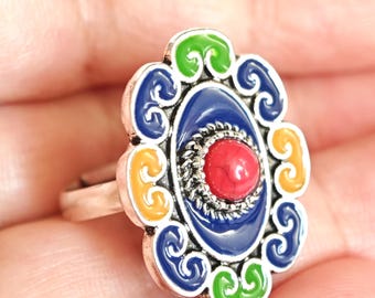 Bague en métal argenté émaillé kabyle- amazigh- berbère - Taille ajustable