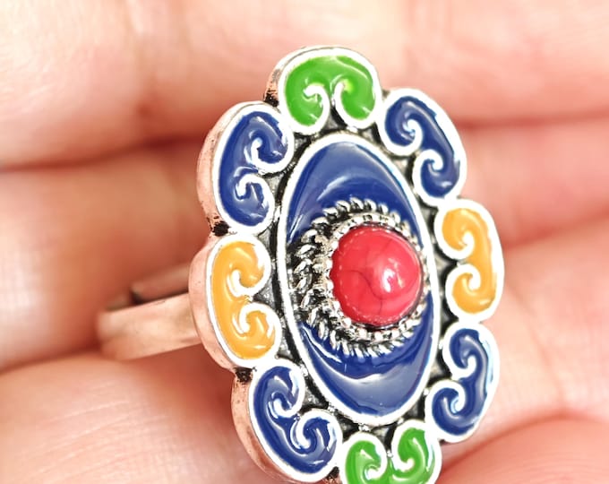 Bague en métal argenté émaillé kabyle- amazigh- berbère - Taille ajustable