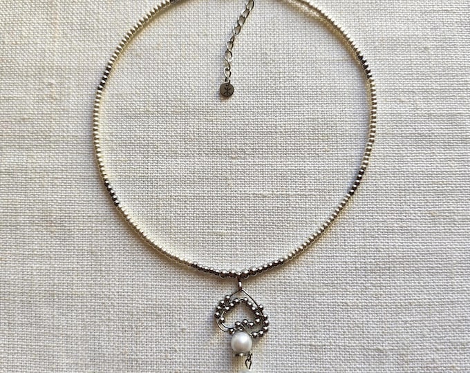 Collier femme cœur fait main acier inoxydable et perles fantaisie