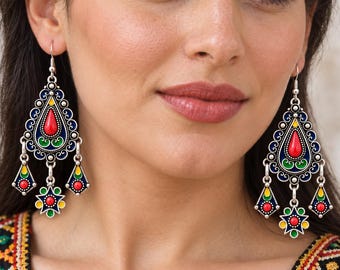 Boucles d'oreilles femme- inspiration bijou amazigh kabyle berbère traditionnel– boucles ethniques en métal argenté émaillé
