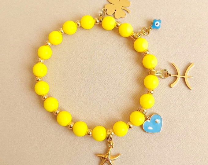 Bracelet Personnalisé élastique avec pampilles Acier Inoxydable et perles fantaisie jaunes –Bracelet Personnalisé - Cadeau personnalisé