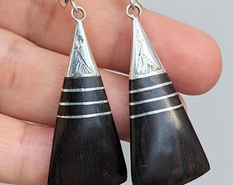 Boucles d'oreilles ARGENT 925 authentiques et artisanales argent – touareg gravées à la main - en argent et ébène - Artisanat du Niger