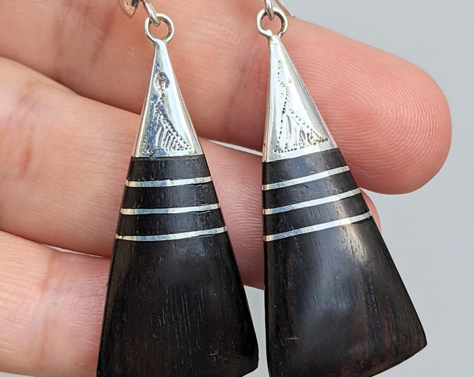 Boucles d'oreilles ARGENT 925 authentiques et artisanales argent – touareg gravées à la main - en argent et ébène - Artisanat du Niger