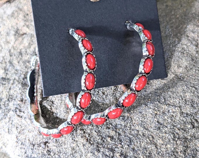 Créoles kabyles en métal argenté, boucles corail rouge 5.1x4.7cm, bijou traditionnel algérien, boucles ethniques femme