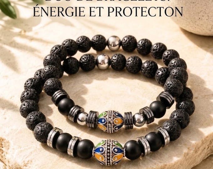 Bracelet perle kabyle émaillée | Perles blanches ou acier inoxydable | Bracelet élastique artisanal | Mixte | Duo disponible