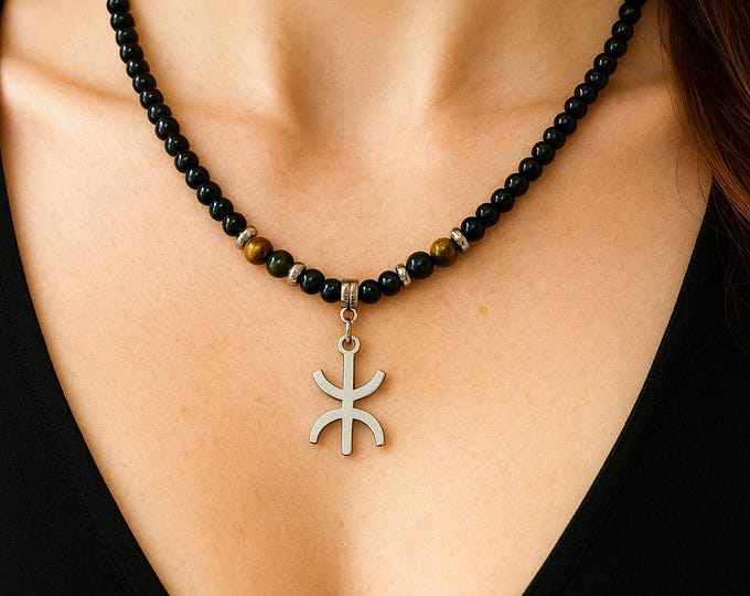 Collier amazigh berbère femme - homme avec perles naturelles oeil du tigre- avec le signe ⵣ amazigh – collier berbère- collier ethnique