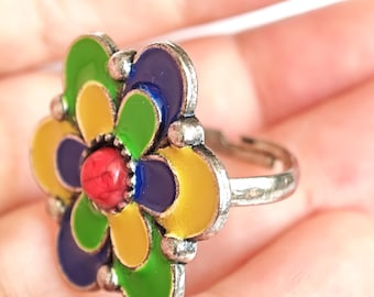 Bague en métal argenté émaillé kabyle- amazigh- berbère - Taille ajustable