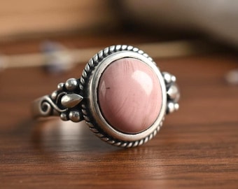 Bague en Argent Sterling 925 avec Pierre Naturelle de Rhodochrosite – Taille 9