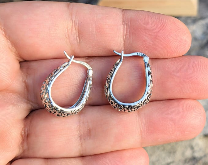Boucles d'oreilles Argent 925 massif - avec motifs, style créoles allongées