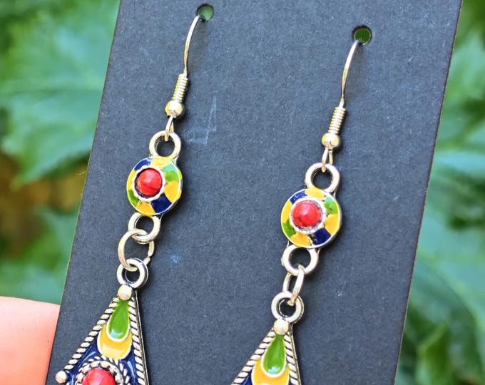 Magnifiques boucles d'oreilles kabyles métal argenté émaillé – amazigh, berbère -  bohèmes - ethnique- bijoux boho. Fait main