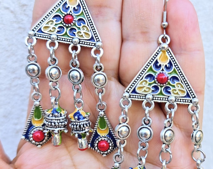 Magnifiques boucles d'oreilles kabyles métal argenté émaillé – amazigh, berbère -  bohèmes - ethnique- bijoux boho. Fait main