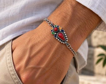 Bracelet kabyle homme, pendentif émaillé en métal argenté et chaîne inox
