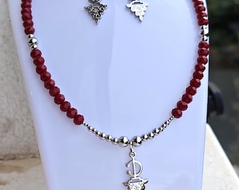 Parure Amazigh Fait Main – Collier & Boucles d’Oreilles – perles en verres facetés et Acier Inoxydable Plaqué rhodium