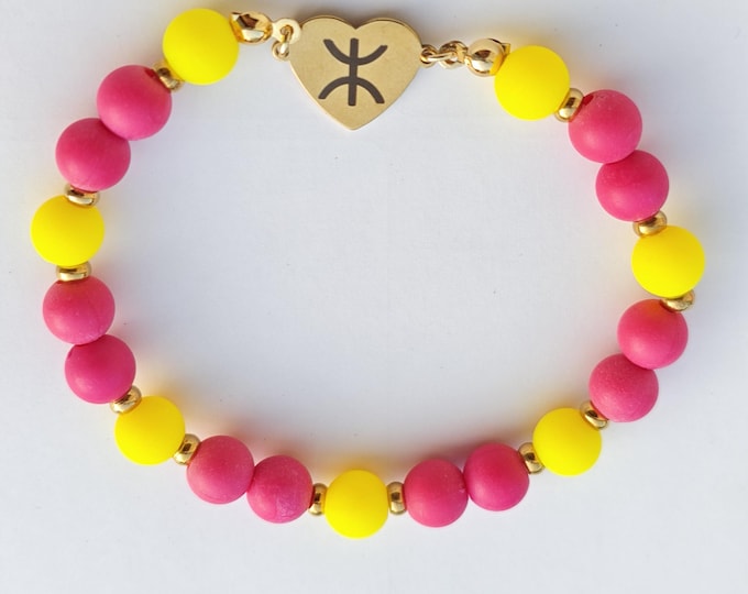 Bracelet élastique avec Yaz amazigh Acier Inoxydable et perles fantaisie jaunes et roses –Bracelet avec taille personnalisable