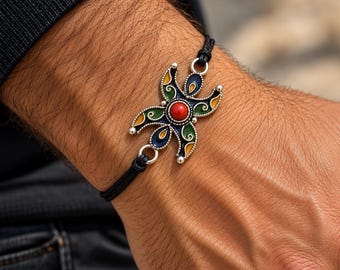 Bracelet kabyle homme, motif floral émaillé en métal argenté, chaîne ou cordon au choix
