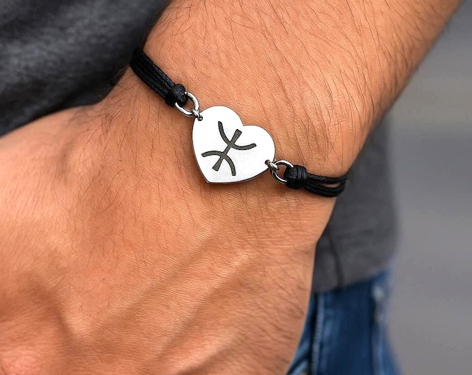 Bracelet amazigh coeur homme- avec le signe ⵣ amazigh – bracelet berbère- bracelet ethnique - Kabyle - acier inoxydable