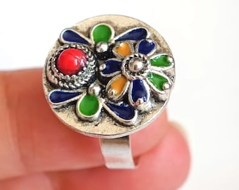 Bague en métal argenté émaillé kabyle- amazigh- berbère - Taille ajustable