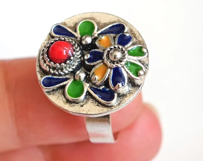 Bague en métal argenté émaillé kabyle- amazigh- berbère - Taille ajustable