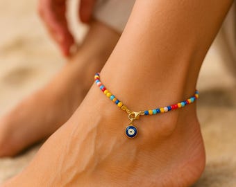 Bracelet de Cheville Bonbons en perles de Rocaille –  Fermoir Acier Inoxydable doré - bracelet coloré - Bijoux plage avec oeil protecteur
