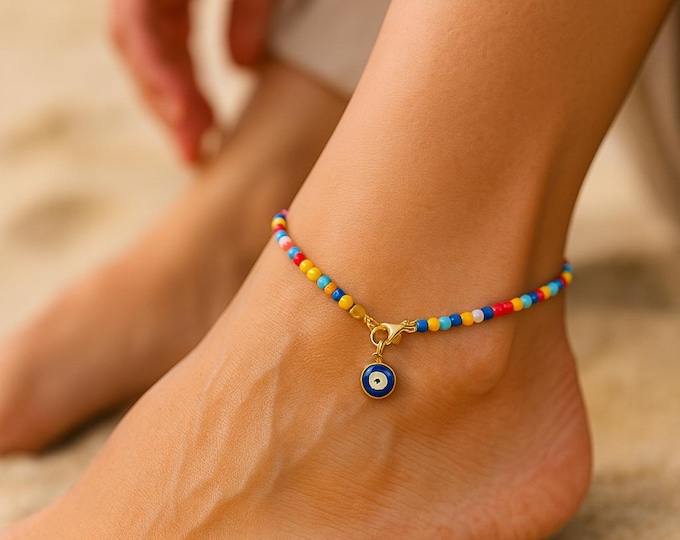 Bracelet de Cheville Bonbons en perles de Rocaille –  Fermoir Acier Inoxydable doré - bracelet coloré - Bijoux plage avec oeil protecteur