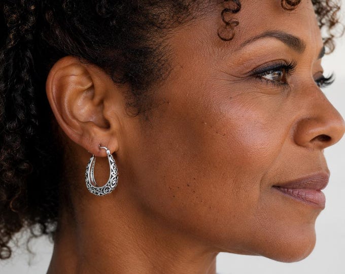 Boucles d'oreilles Argent - styles bohème avec motifs, style créoles allongées