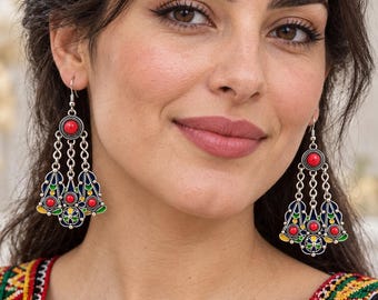 Boucles d'oreilles femme- inspiration bijou amazigh kabyle berbère traditionnel– boucles ethniques en métal argenté émaillé