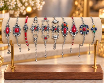 Bracelet Berbère Émaillé Kabyle en Métal Argenté | Bracelet ethnique | Inspiration bijoux Traditionnels kabyles, chaine acier inoxydable