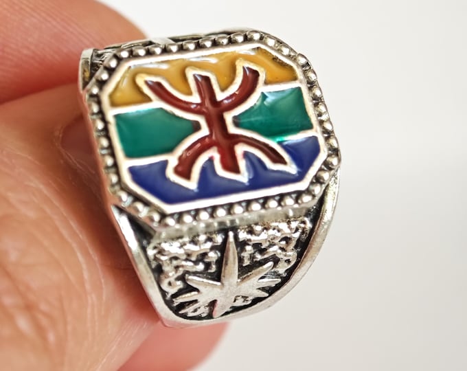 Bague en métal argenté émaillé kabyle- amazigh- berbère - Taille ajustable