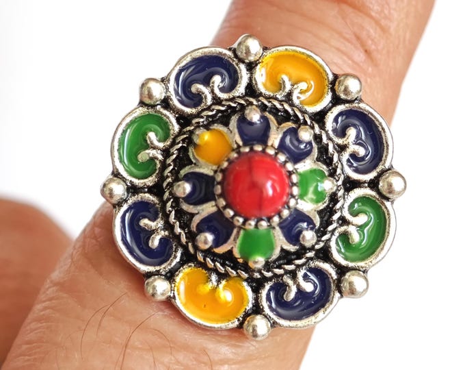 Bague en métal argenté émaillé kabyle- amazigh- berbère - Taille ajustable