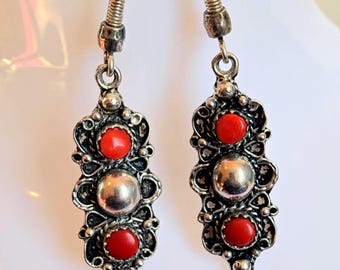 Boucles d'oreilles ARGENT 925 authentiques et artisanales Argent massif - Kabyles Anciennes – Argent Massif & Véritable Corail – Années 70