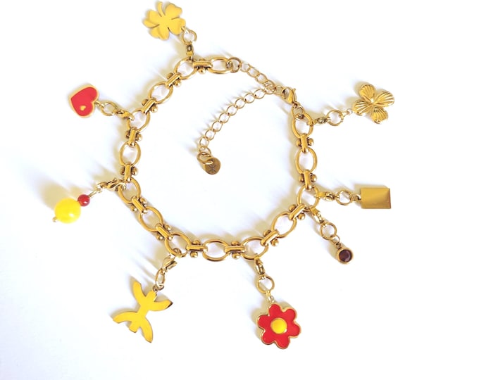 Bracelet Personnalisé élastique avec pampilles Acier Inoxydable et perles fantaisie jaunes –Bracelet Personnalisé - Cadeau personnalisé