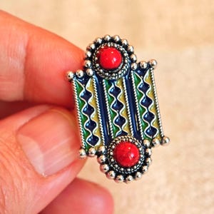 Kabylisk-Amazigh-Berber silverpläterad emaljerad metallring - Justerbar storlek
