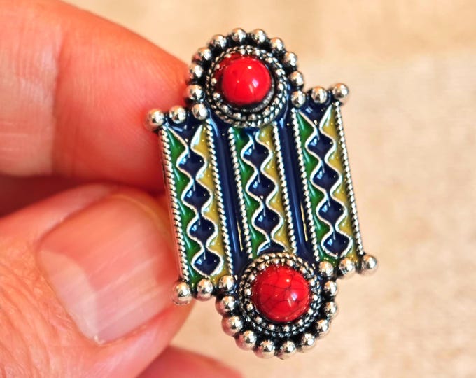 Bague en métal argenté émaillé kabyle- amazigh- berbère - Taille ajustable