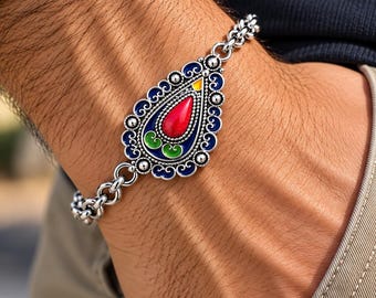 Bracelet kabyle homme, pendentif émaillé en métal argenté et chaîne inox, 21 cm + 3 cm