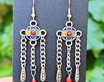 Magnifiques boucles d'oreilles kabyles métal argenté émaillé – amazigh, berbère -  bohèmes - ethnique- bijoux boho. Fait main