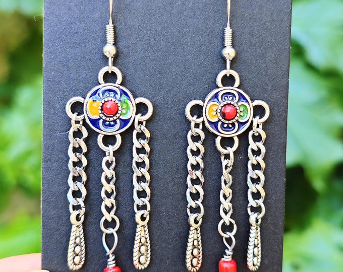 Magnifiques boucles d'oreilles kabyles métal argenté émaillé – amazigh, berbère -  bohèmes - ethnique- bijoux boho. Fait main