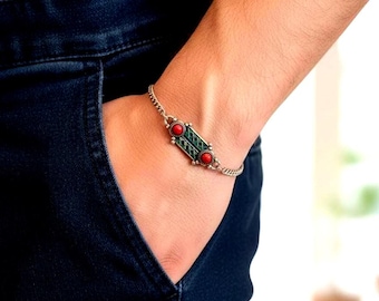 Magnifique bracelet kabyle avec chaîne en acier inoxydable et pendentif en métal argenté émaillé, Bracelet berbère bracelet amazigh ethnique