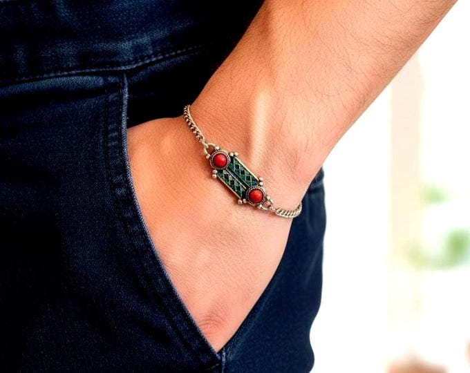 Magnifique bracelet kabyle avec chaîne en acier inoxydable et pendentif en métal argenté émaillé, Bracelet berbère bracelet amazigh ethnique