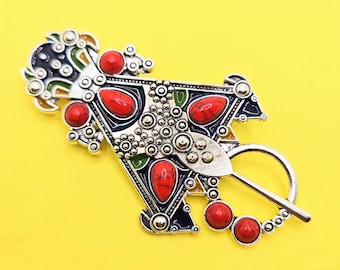 Magnifique broche amazigh berbère femme - berbère- ethnique- bijoux amazighs kabyle en métal émaillé.