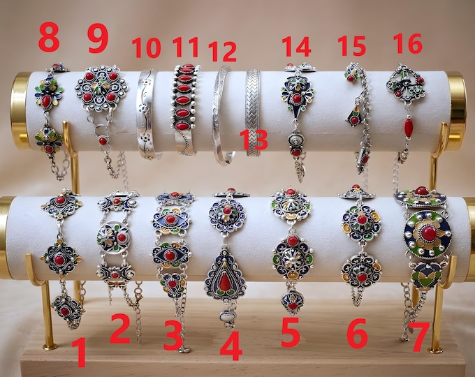 Bracelet Berbère Émaillé Kabyle en Métal Argenté | Bracelet Manchette Bohème Ethnique Rouge, Bleu, Vert | Bijou Traditionnel kabyle