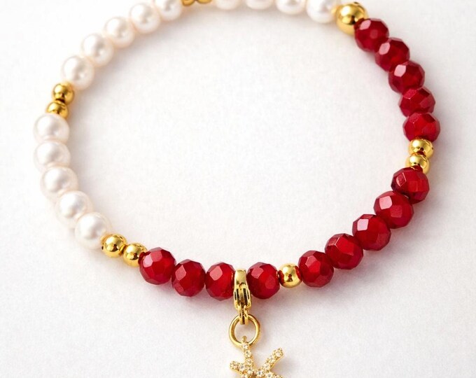 Bracelet Personnalisé élastique avec pampilles Acier Inoxydable et / perles rouges en verre facetté - perles fantaisie Blanches