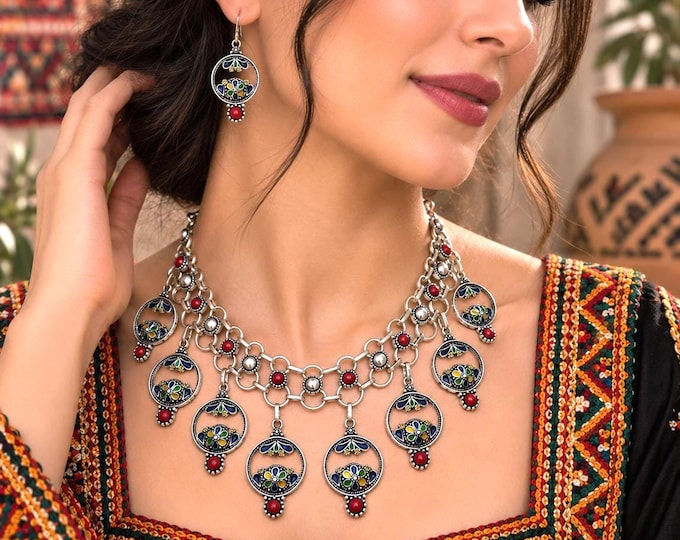 Collier kabyle femme- amazigh kabyle berbère en métal argenté–  ethnique