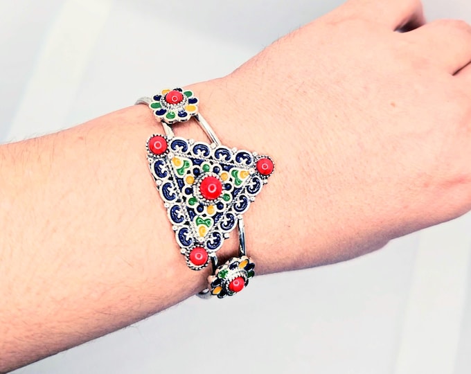 Bracelet kabyle métal argenté émaillé pour femme- bracelet amazigh de kabylie– Magnifique bracelet ethnique