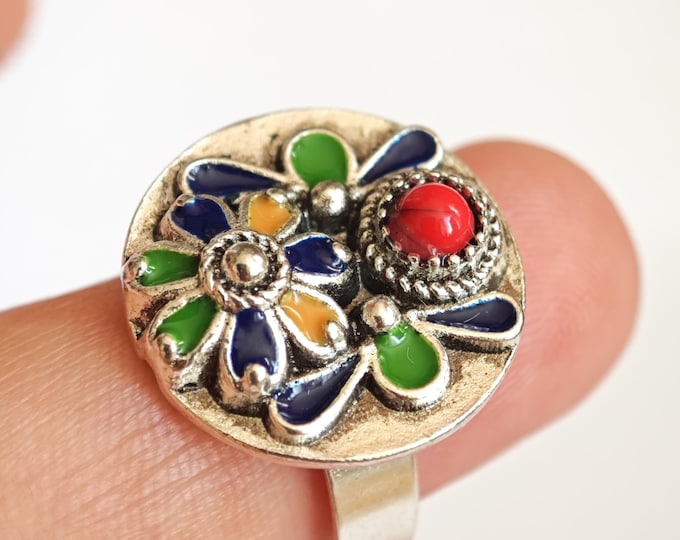 Bague en métal argenté émaillé kabyle- amazigh- berbère - Taille ajustable