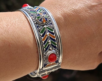 Bracelet kabyle argenté émaillé – Magnifique bracelet traditionnel