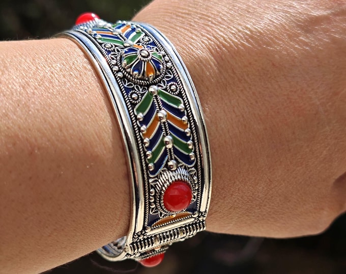 Bracelet kabyle argenté émaillé – Magnifique bracelet traditionnel
